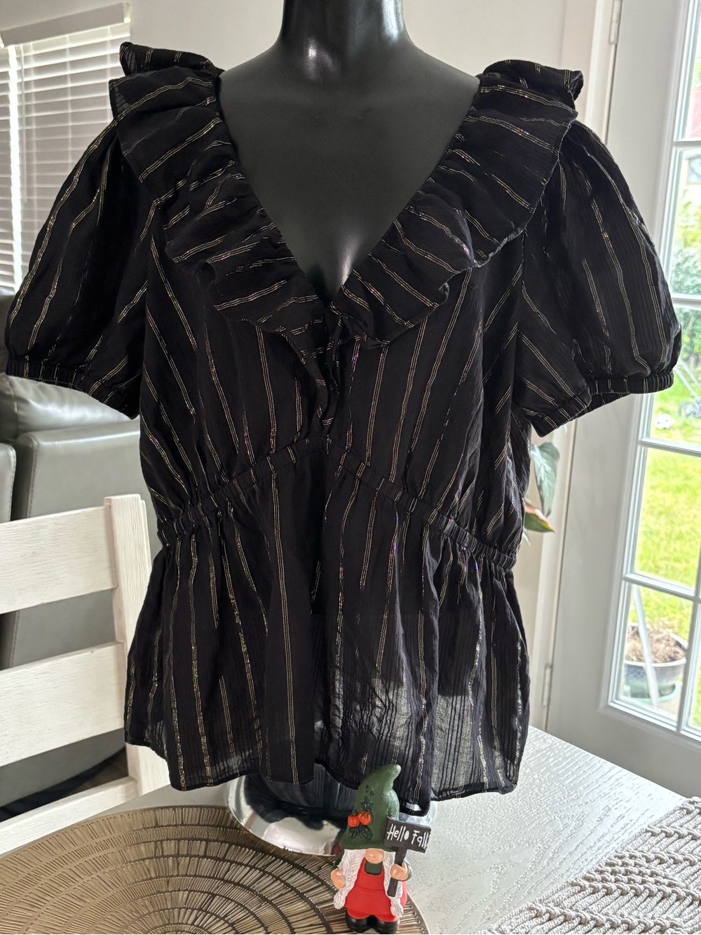 Michael Kors Black Ruffle V‑Neck Blouse with Metallic Stripes